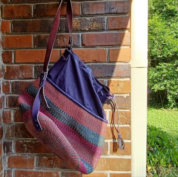 Colorful "Why Not" Purple Leather & Multi-color Woven Hemp Drawstring Bucket Bag - Picture 1 of 9
